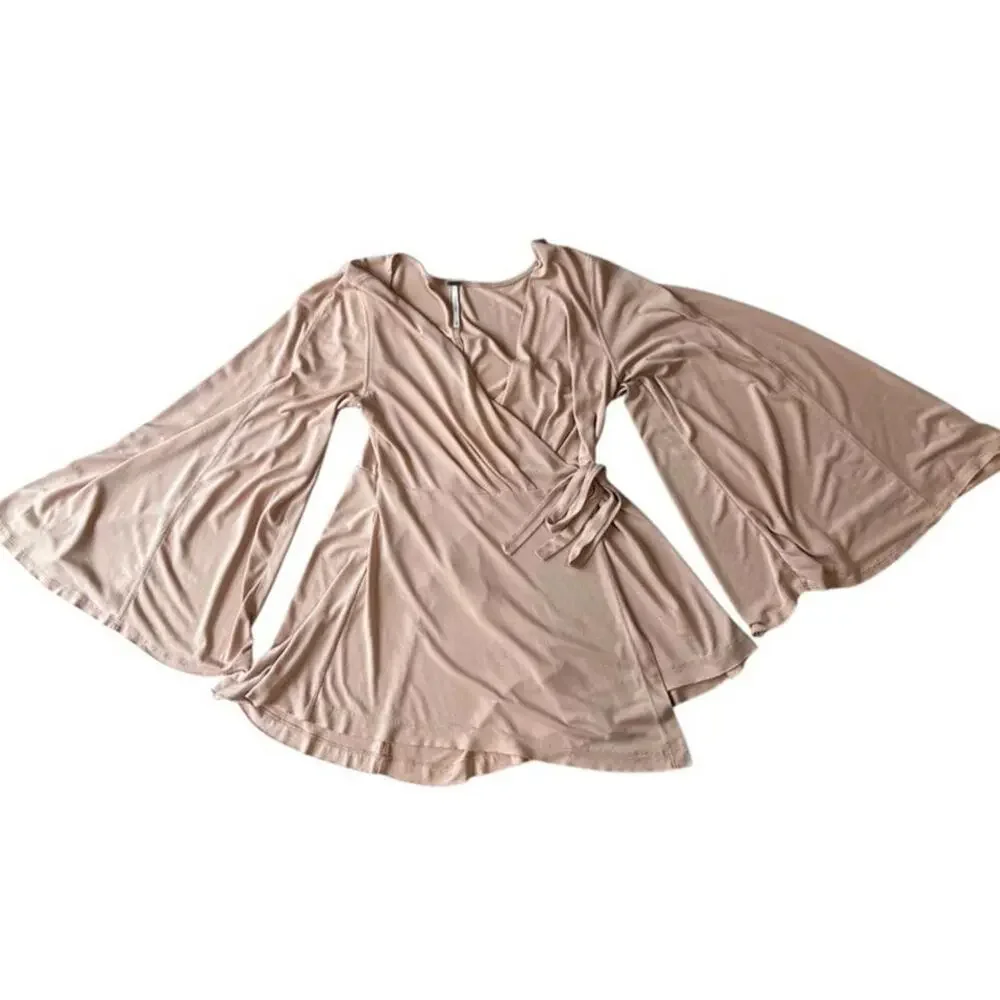 FREE PEOPLE Tunic‎ Pink Blush Dynasty Bell Sleeve Wrap Shirt